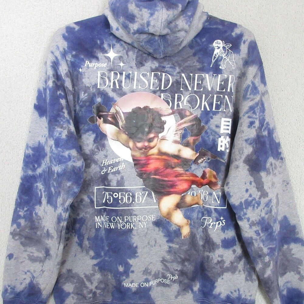 Prps Hoodie Mens S Tie Dye Blue Gray‎ Bruised Never Broken Graphic Back Print